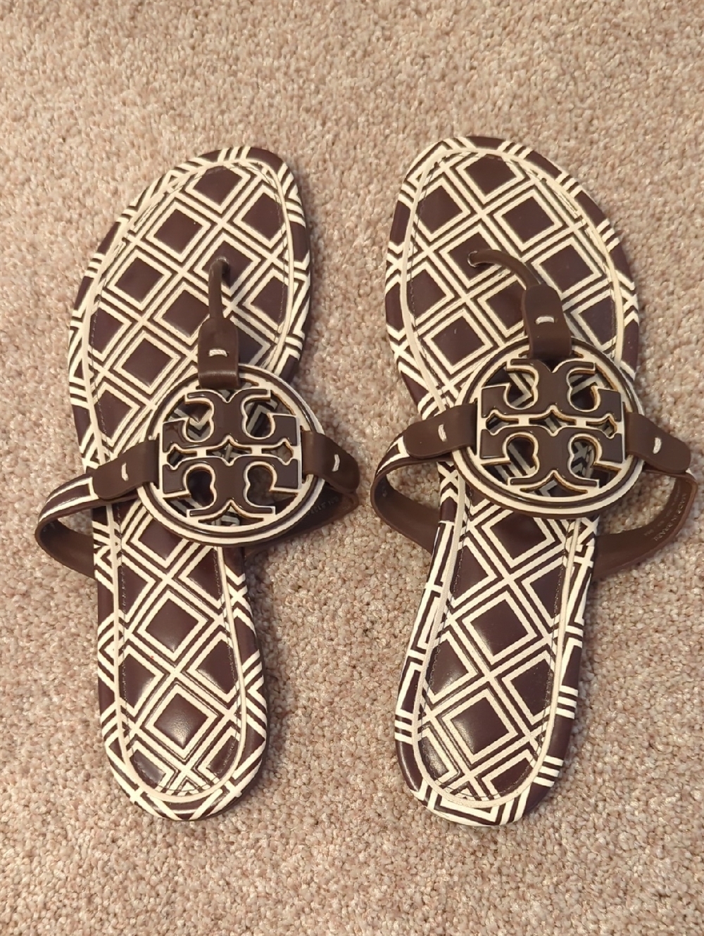Tory Burch Brown and Cream Miller Logo Sandals
